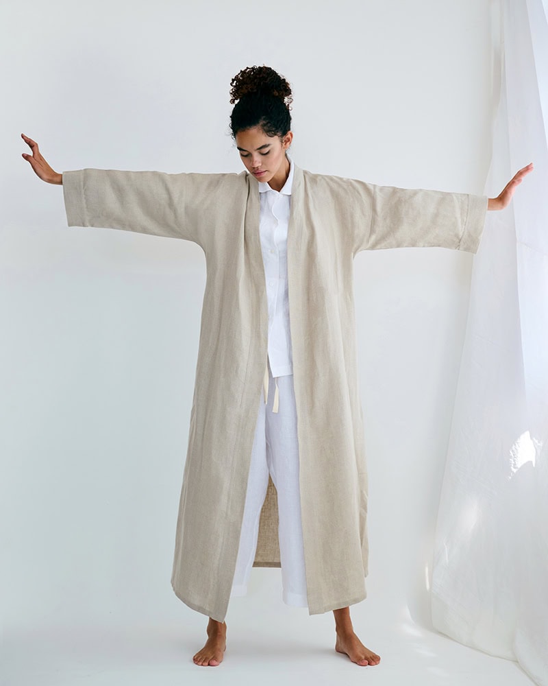 The Flax linen gown by Mungo is woven with 100% italian Spun linen and cut in a Kimono, boxy style