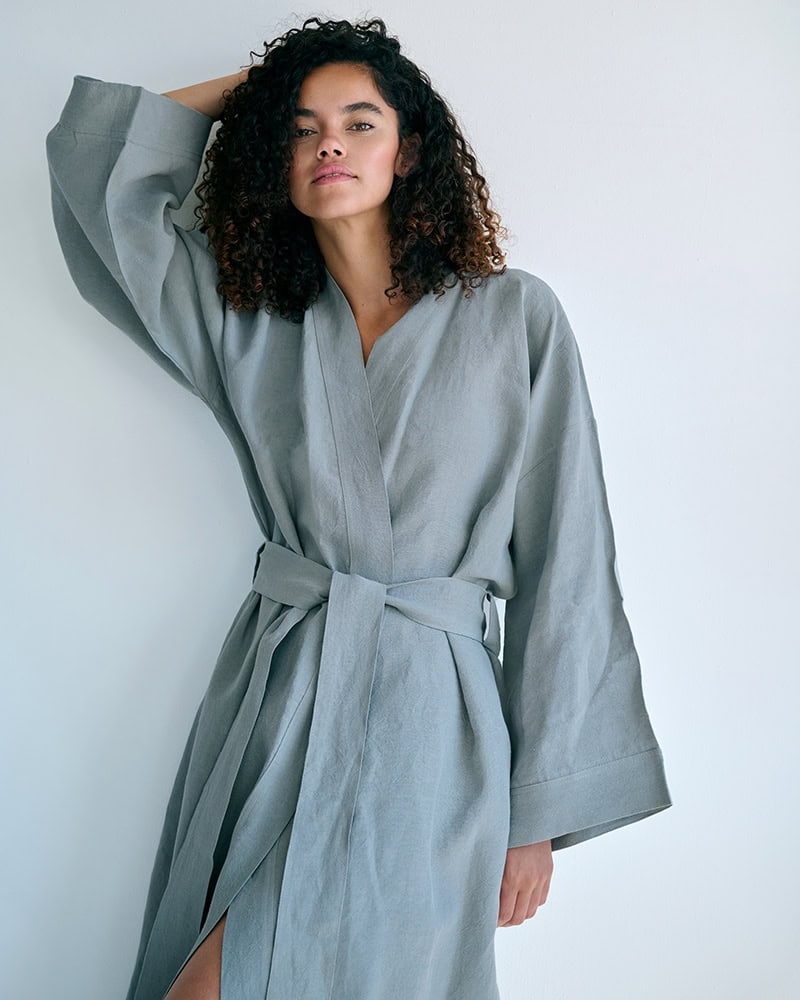 Full view of the Pebble 100% Italian spun linen gown, cut in a kimono style