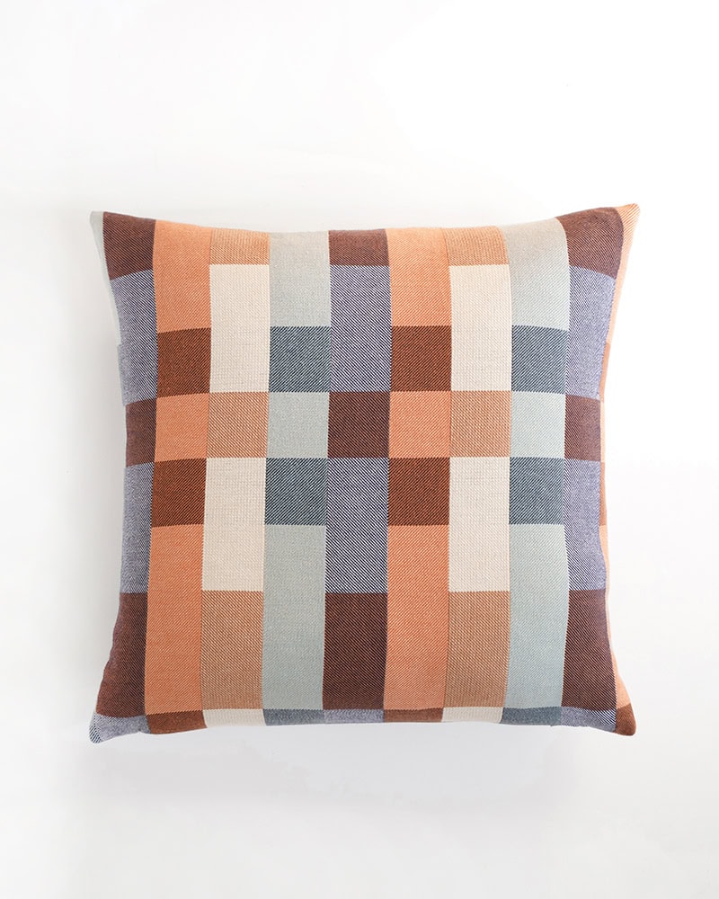 Product view of the Double Cloth Wild Fire Cushion Cover, woven with 100% cotton in a striking block design.