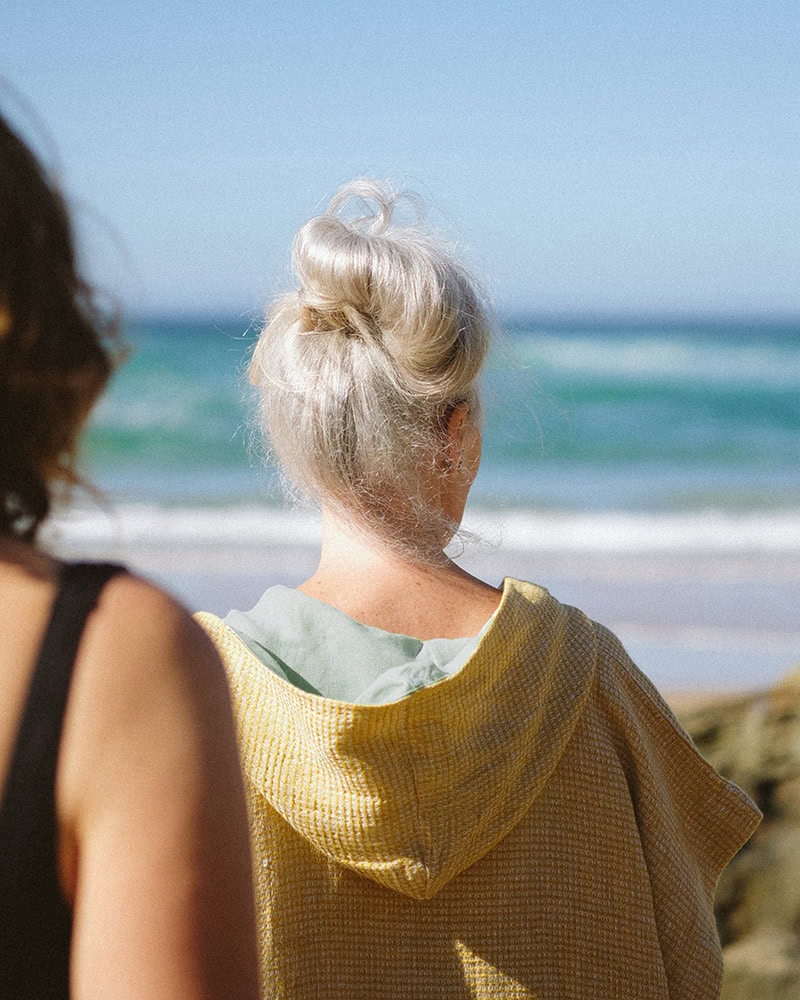 Hood view of the Mungo Linen Poncho in Dune