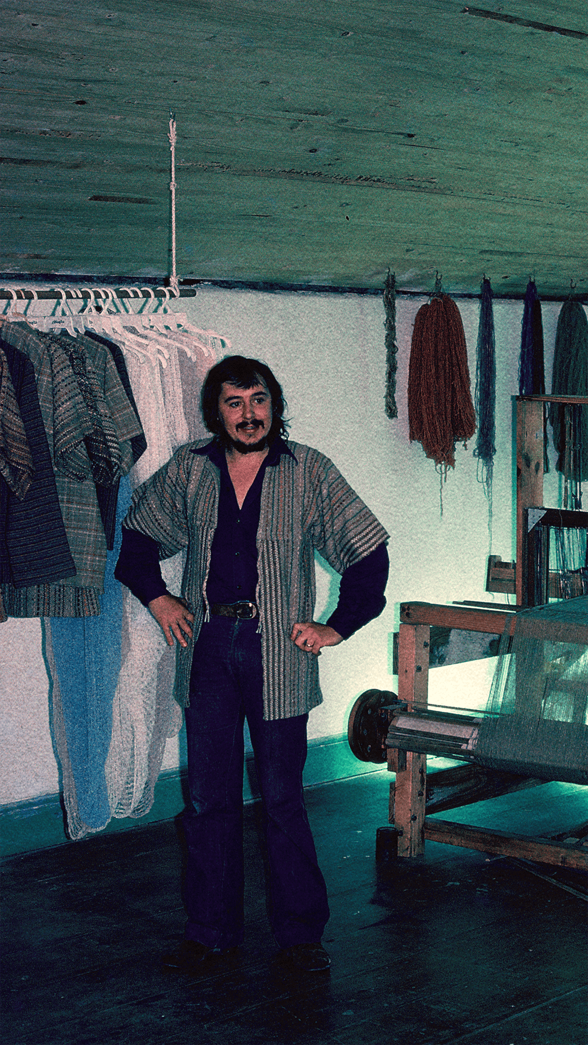 Stuart donning one of his woven jackets.
