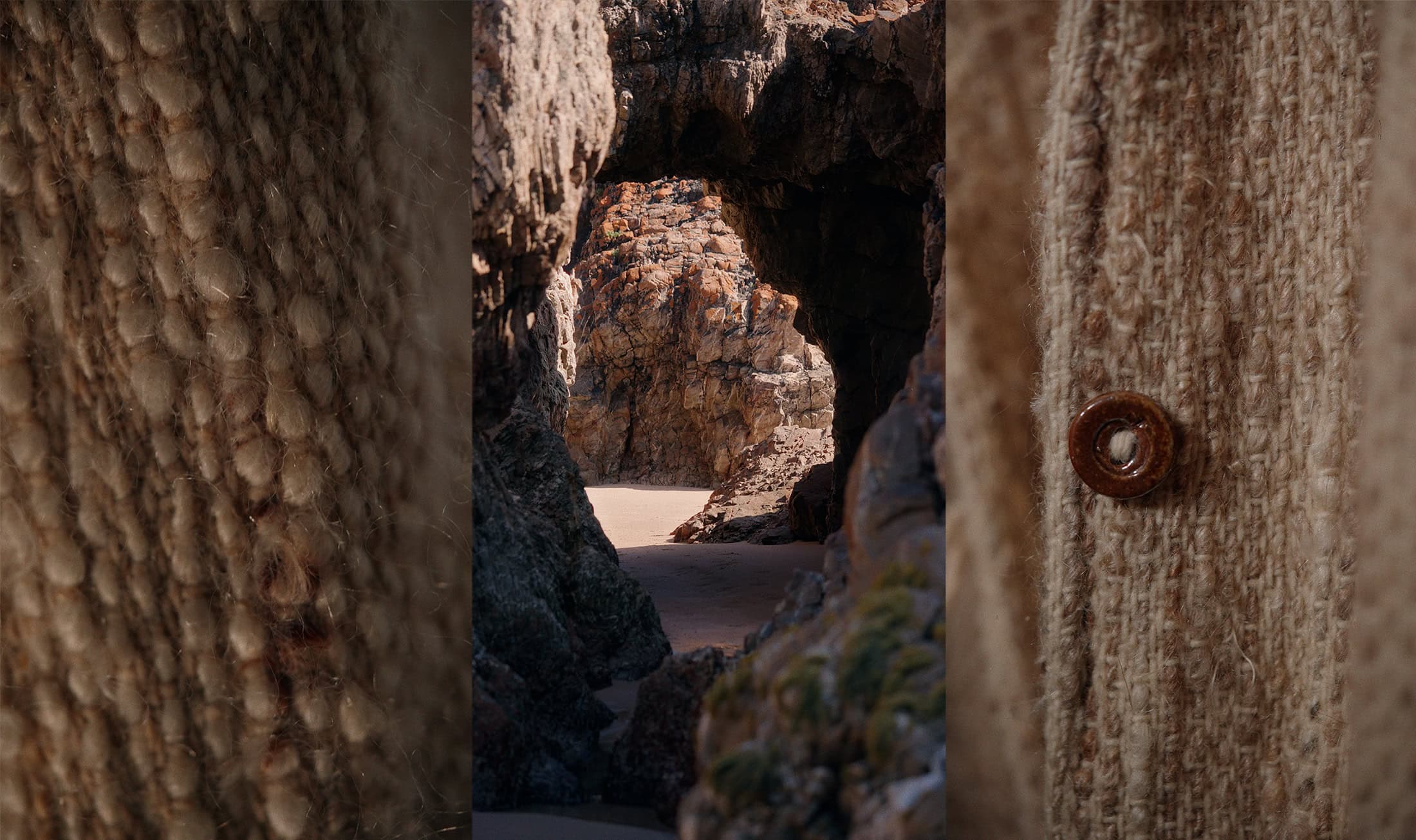 Close up of wool and wooden buttons with a rocky landscape.